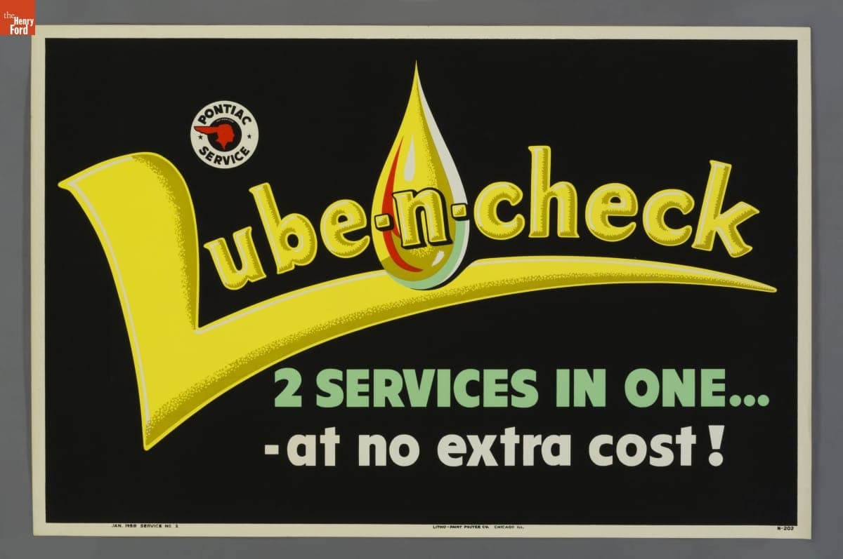 Pontiac Service Poster, "Lube-N-Check, 2 Service Posters in One...," January 1958