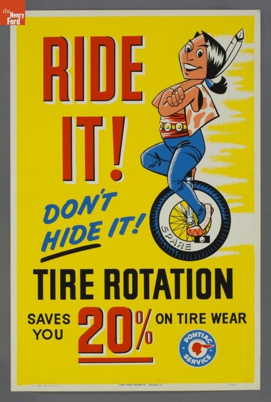 Pontiac Service Poster, "Ride It! Don't Hide It! Tire Rotation Saves You 20% on Tire Wear," November 1958