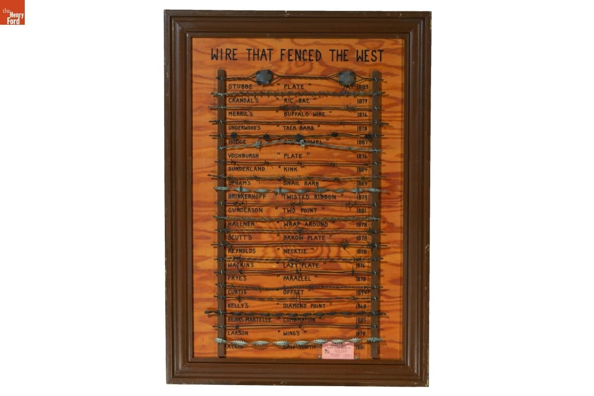 "Wire That Fenced The West" Barbed Wire Display Board, Patented 1868 - 1885