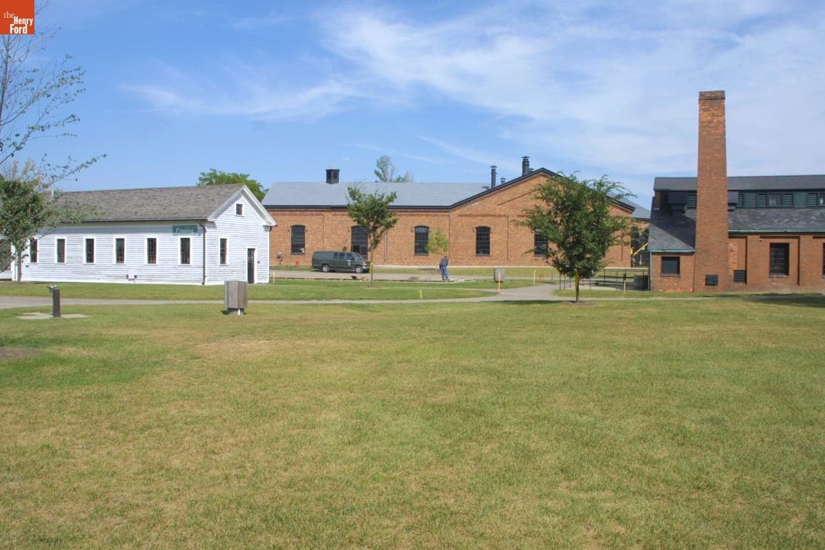 The Printing Office, the Roundhouse, and the Glass Shop during the Greenfield Village Restoration Project, September 2002