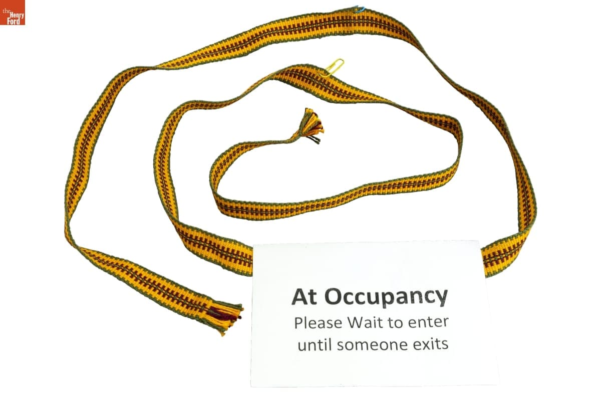 COVID-19 Occupancy Sign and Hand Woven Barrier, Used at Heritage Spinning & Weaving, 2020