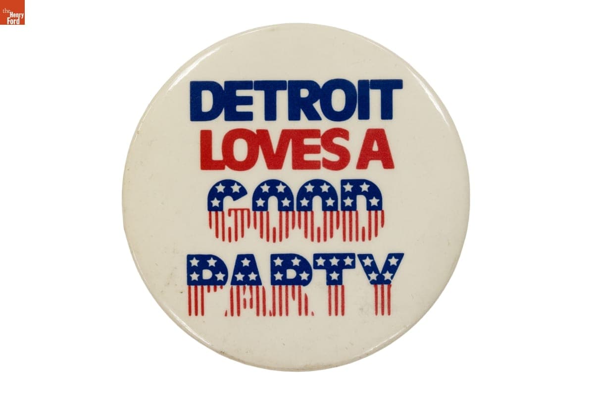 "Detroit Loves a Good Party" Political Button, 1980