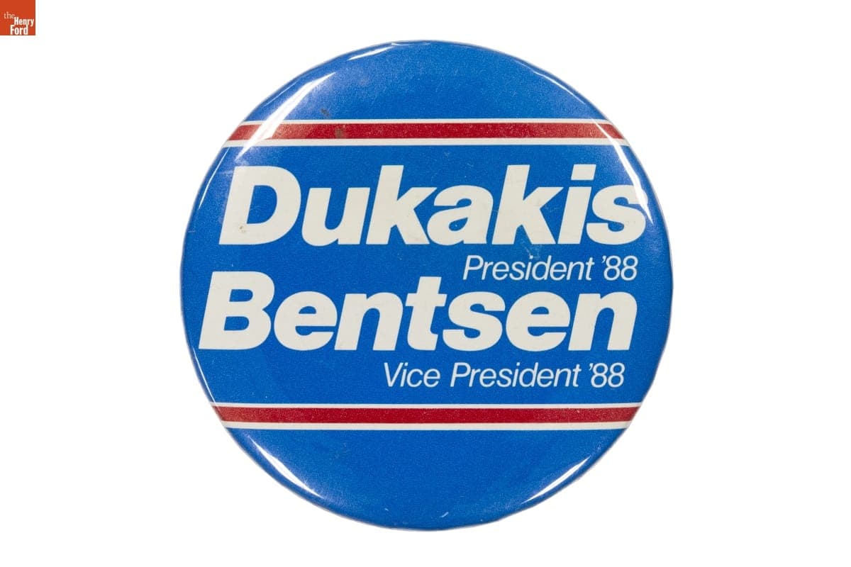 "Dukakis President '88 Bentsen Vice President '88" Campaign Button, 1988
