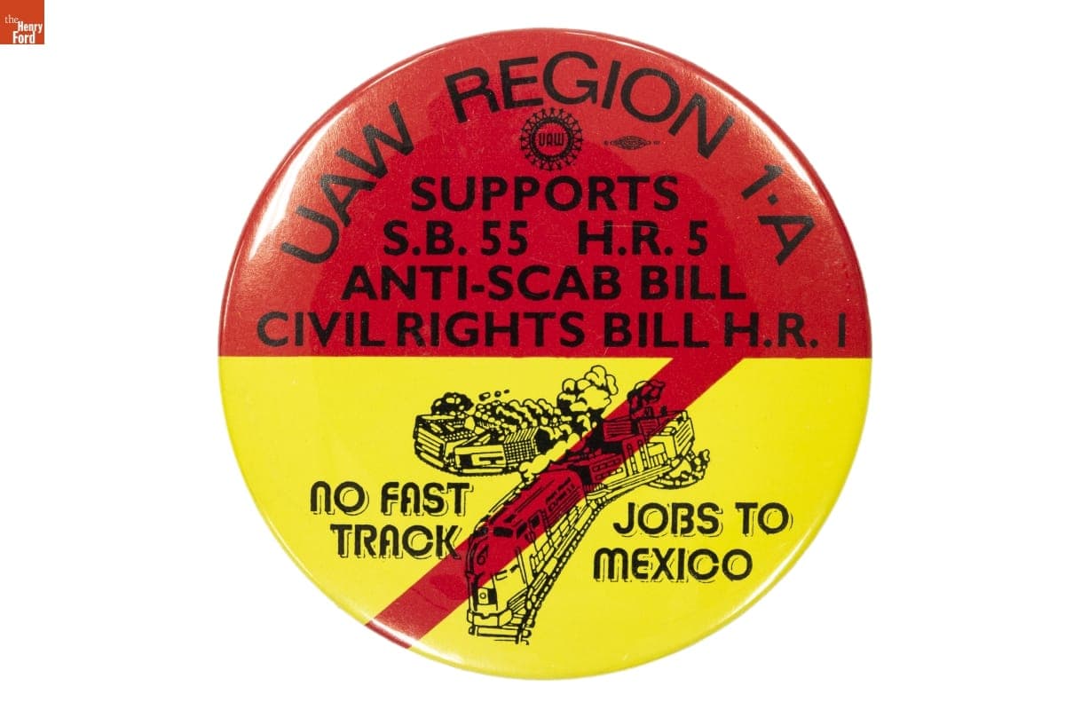 "UAW Region 1A Supports S.B.55, H.R.5" Button, 1987