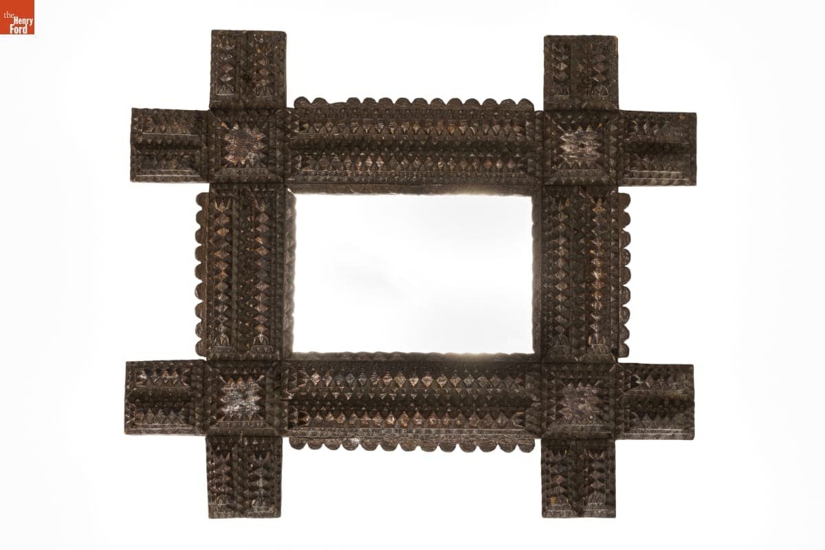 Tramp Art Frame with Modern MIrror Glass, 1929-1940