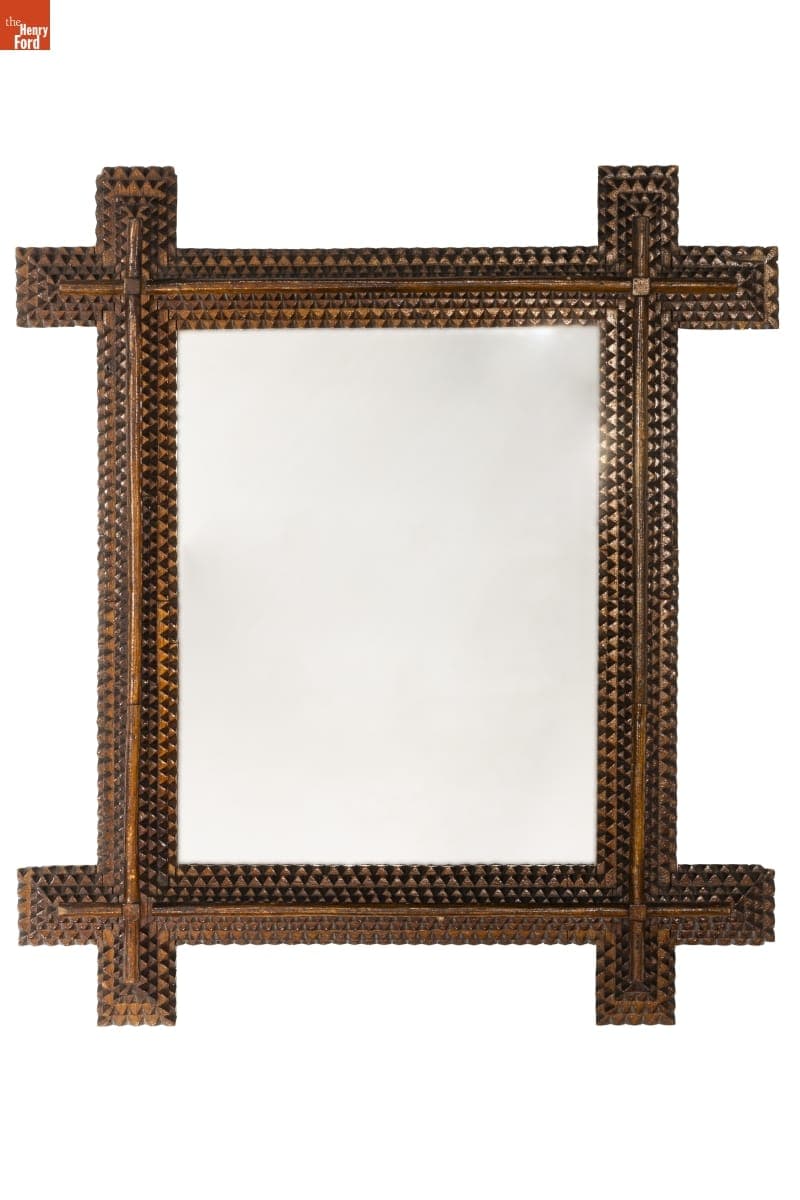 Tramp Art Frame with Modern MIrror Glass, 1929-1940