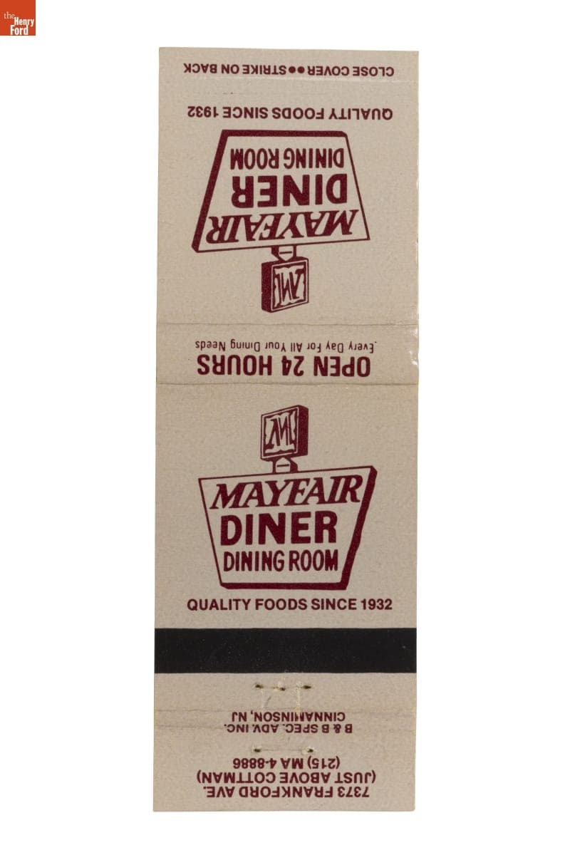 Mayfair Diner Matchbook, Philadelphia, Pennsylvania, 1970-1990