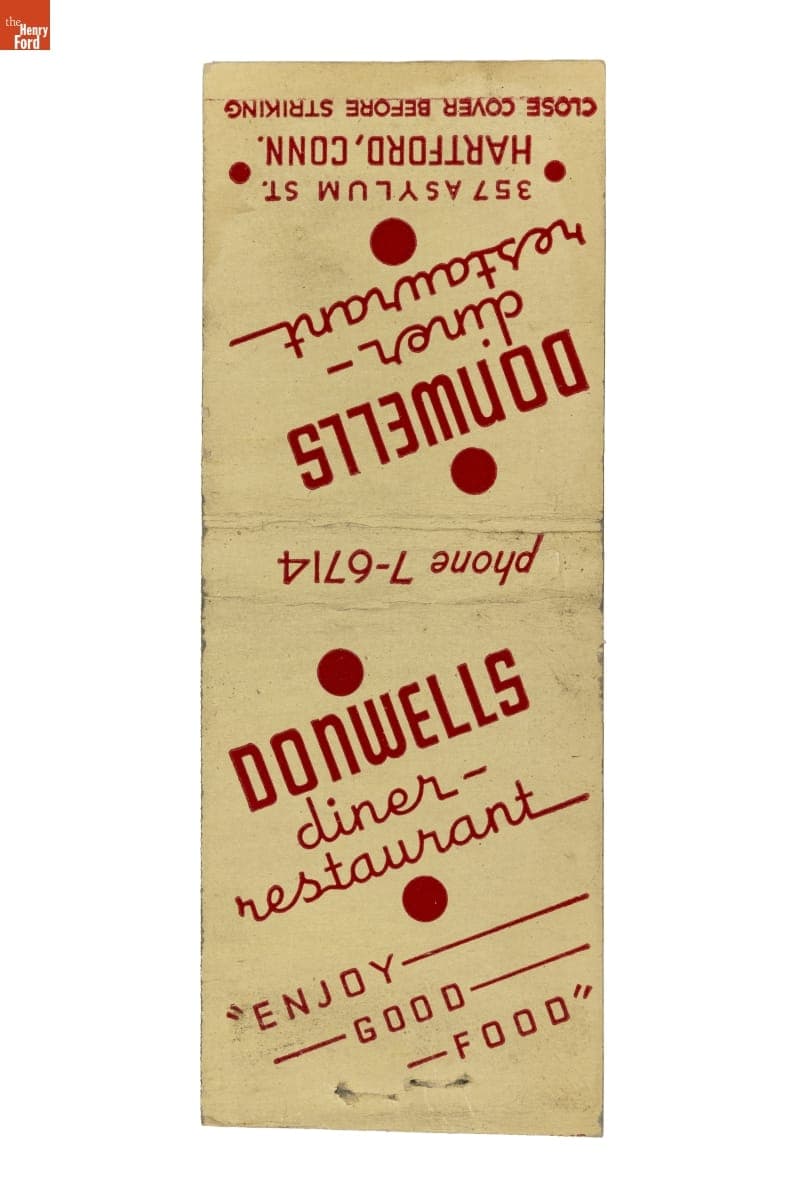 Donwells Diner-Restaurant Matchbook, Hartford, Connecticut, 1941-1950