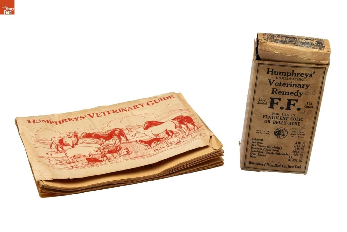 "Humphreys' Homeopathic Veterinary Remedy" Bottle, Packaging, and Booklet, 1930-1935