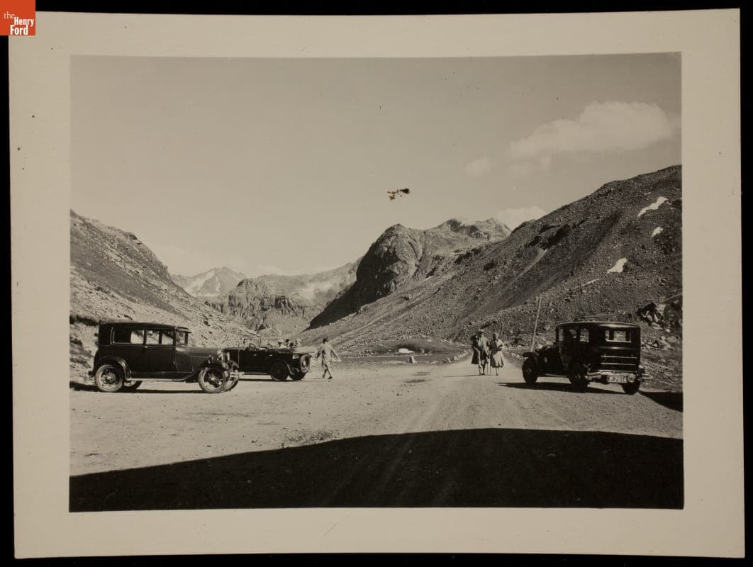 Cars Parked at Fluela Pass, Switzerland, circa 1935