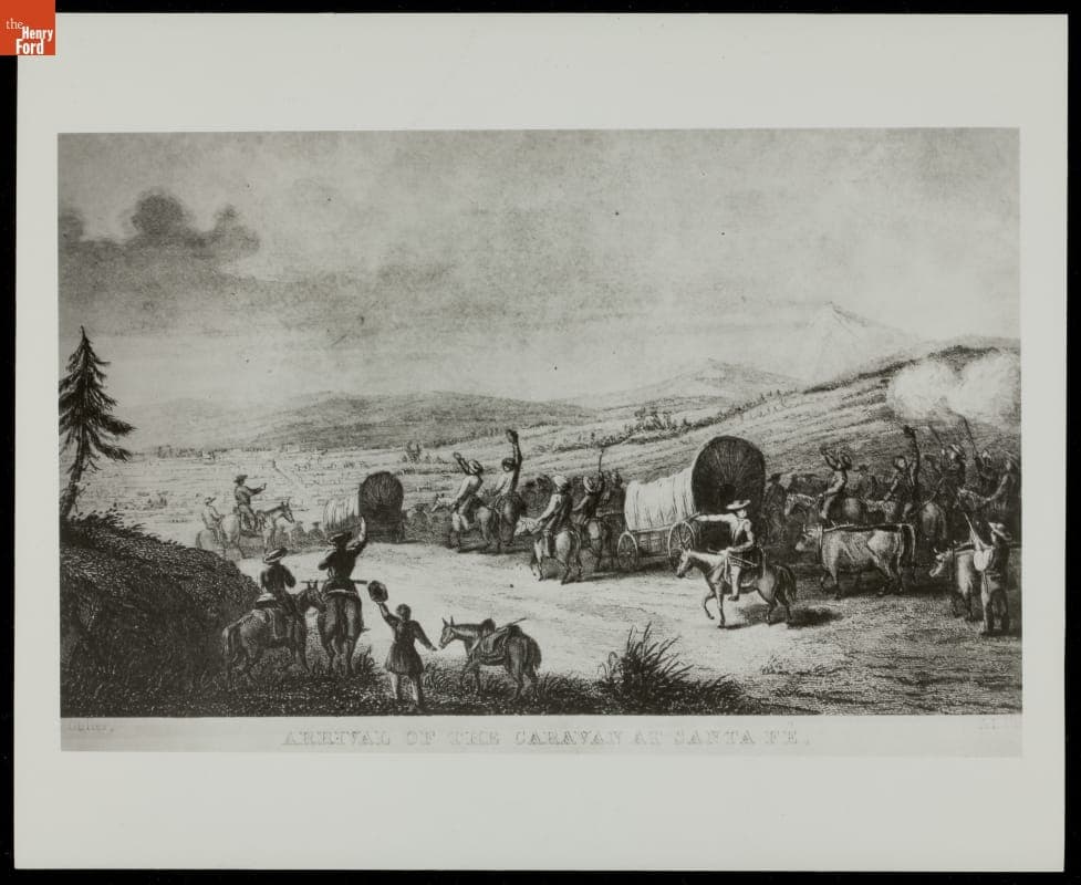 Photograph of an 1844 Sketch, "Arrival of the Caravan at Santa Fe"