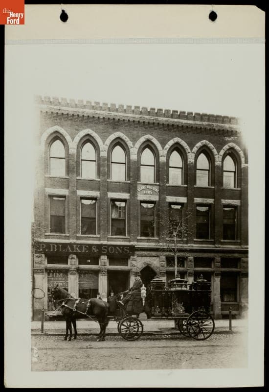 Hearse Carriage outside P. Blake & Sons Funeral Building, Detroit, Michigan, circa 1915