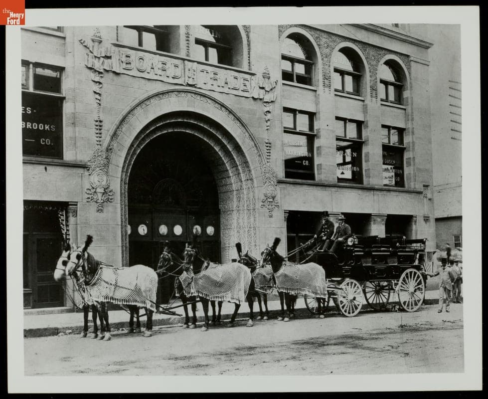 Six-Horse Team and Carriage outside Board of Trade Building, Duluth, Minnesota, circa 1900