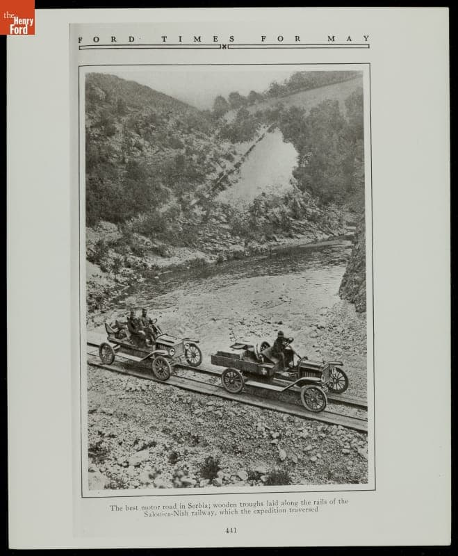 Ford Model T Cars on Wooden Troughs Laid along Salonica-Nish Railroad Tracks, Serbia, 1917