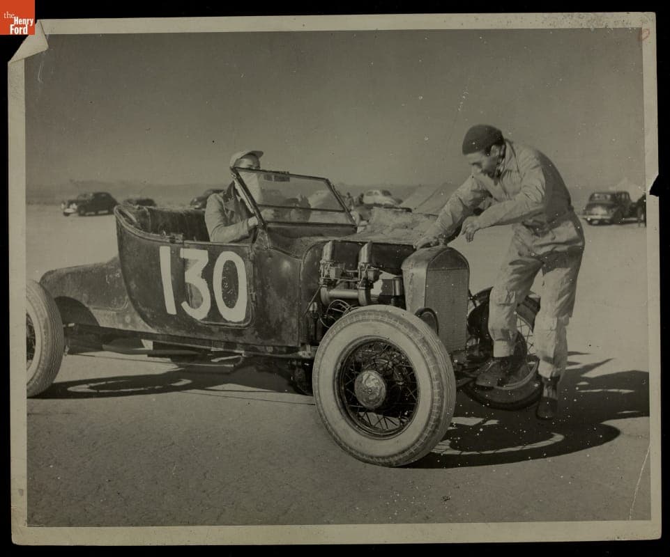 Driver and Mechanic Starting Dry Lakes Race Car, circa 1940