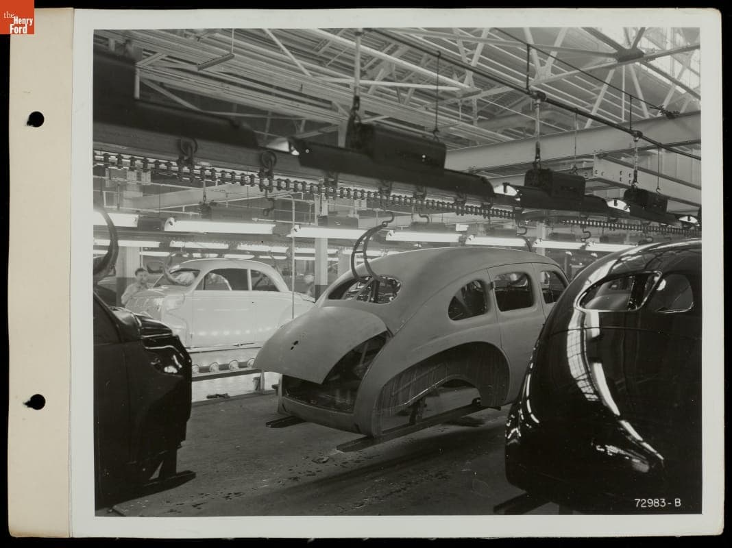 Painted and Unpainted Car Bodies on Conveyor Lines, Ford Rouge Plant, 1940
