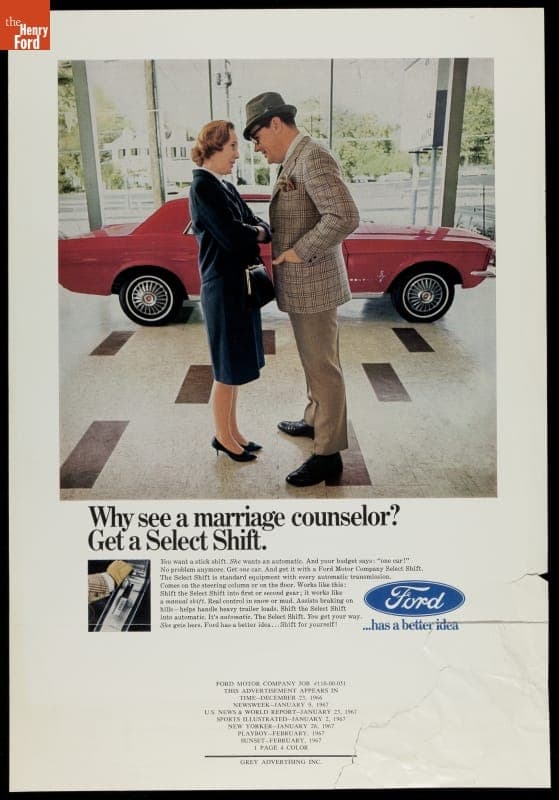 "Why See a Marriage Counselor? Get a Select Shift." Ford Motor Company Advertising Proof, 1967