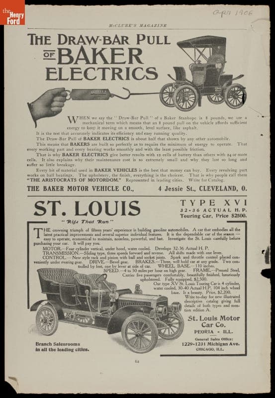 Advertisement, 1906 Baker Electric Automobile, "The Draw-Bar Pull of Baker Electrics"