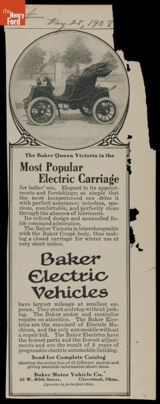 Advertisement, "The Baker Queen Victoria is the Most Popular Electric Carriage," 1908