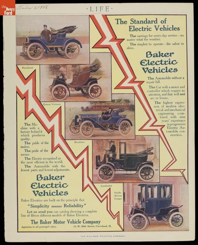 Advertisement for the 1908 Baker Electric Vehicle, "The Standard of Electric Vehicles"