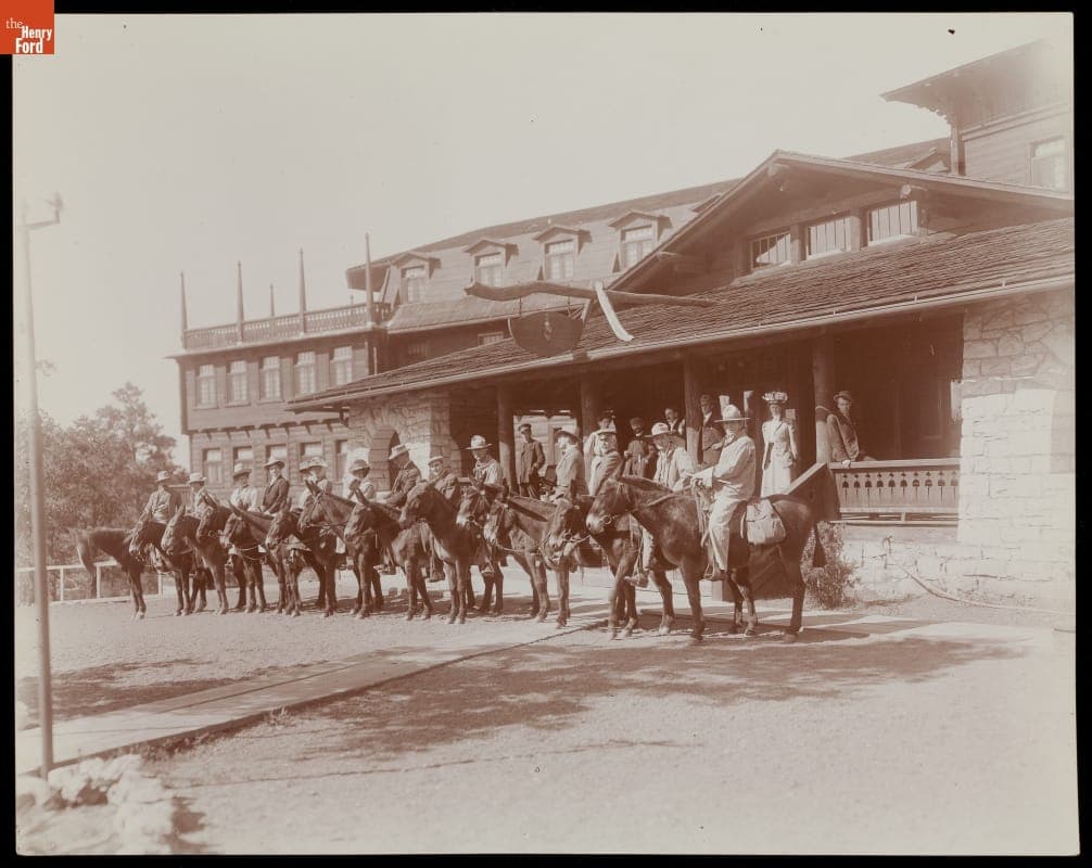 Trail Party Leaving El Tovar Hotel. Grand Canyon, Arizona, circa 1905
