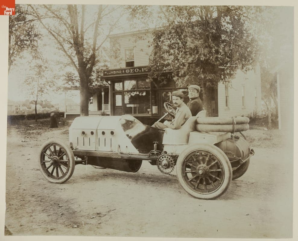 Vincenzo Lancia and Mechanic, Posing in Fiat Race Car, Vanderbilt Cup Races, Long Island, New York, 1906