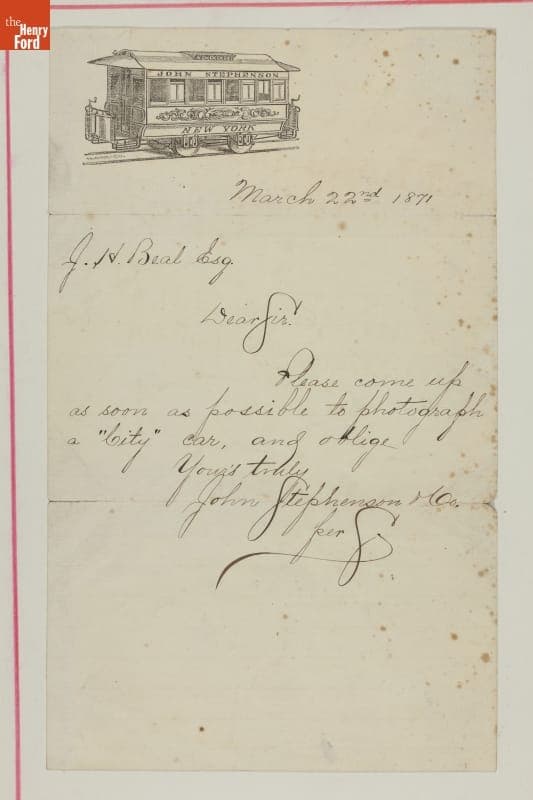 Letter from the John Stephenson Company, 1871