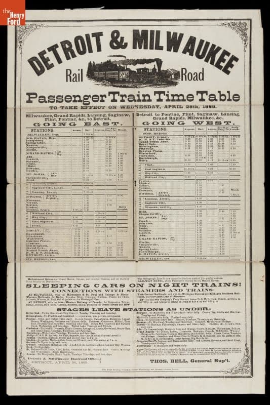 Detroit & Milwaukee Rail Road Passenger Train Time Table, 1869