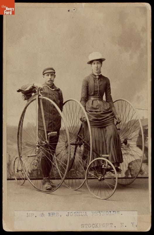 Husband and Wife with a High-Wheel Bicycle and Tricycle, 1887