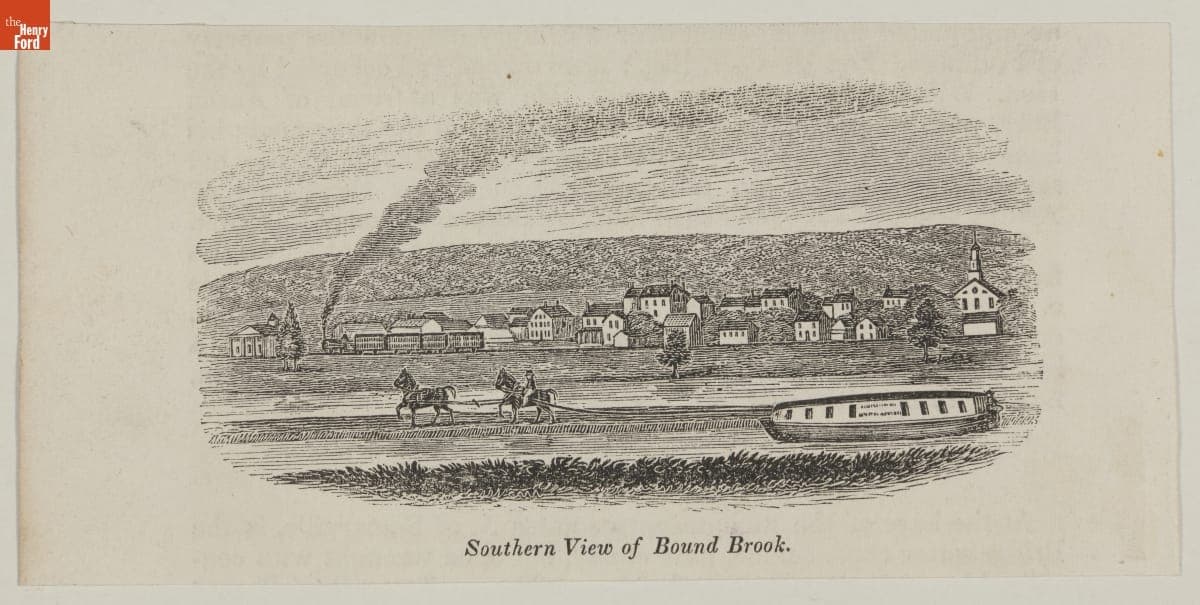 Wood Engraving, Packet Boat on New Jersey Canal System, "Southern View of Bound Brook," circa 1843