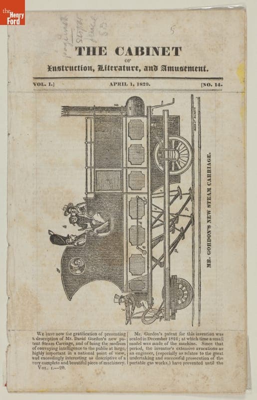 Clipping from Cabinet Magazine, "Mr. Gordon's New Steam Carriage," 1829