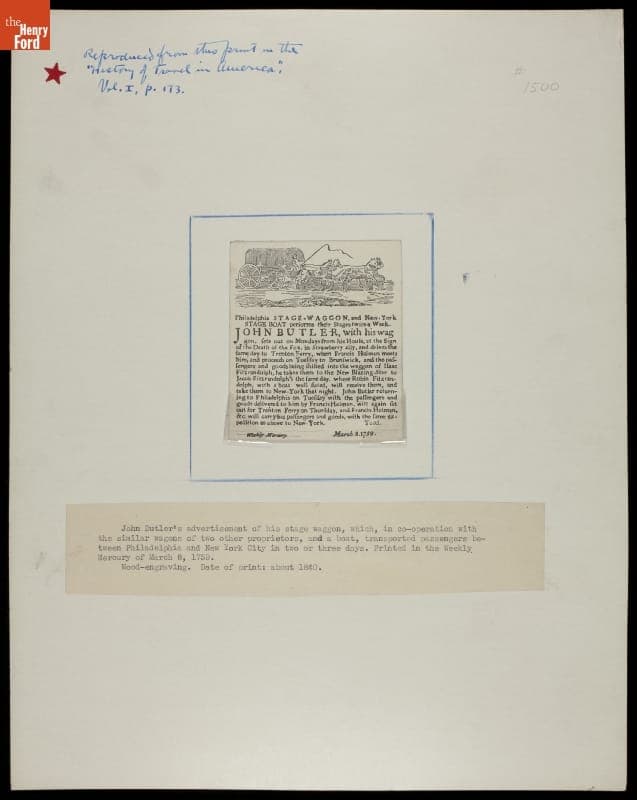 Advertisement for Stage Wagon and Boat Transportation Between Philadelphia and New York City, circa 1840