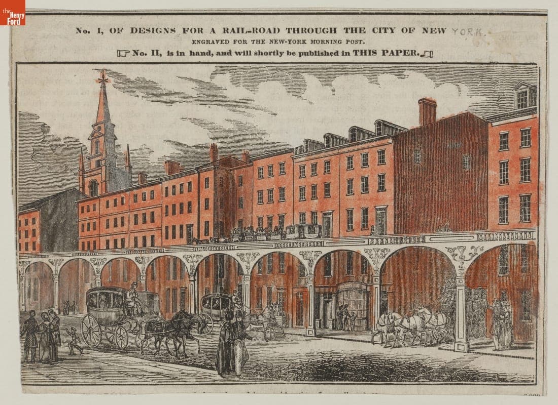 Wood Engraving, Design for an Elevated Horse-Drawn Railway in New York, circa 1842