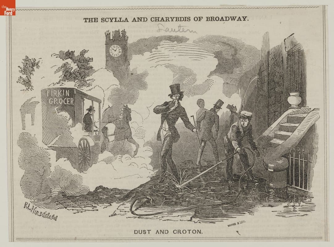 Cartoon, "Scylla and Charybdis of Broadway, Dust and Croton," circa 1848