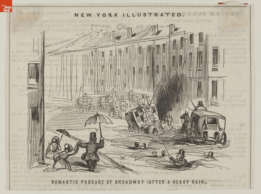 Cartoon, "Romantic Passage of Broadway, After a Heavy Rain," 1848