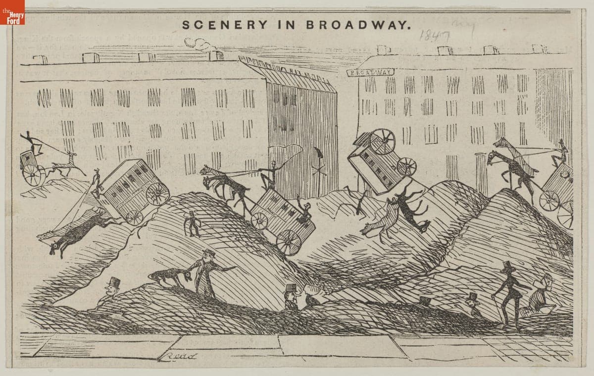 Cartoon Reflecting on Road Conditions, "Scenery in Broadway," 1847