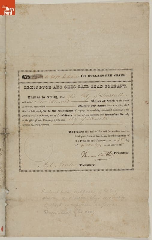 Stock Certificate, Lexington and Ohio Rail Road Company, 1835