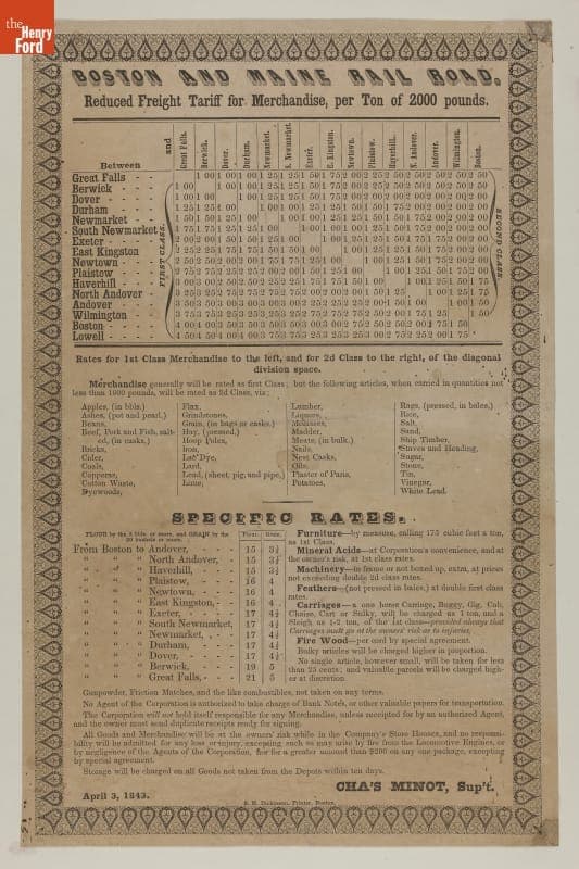 Broadside, Boston and Maine Rail Road Freight Tariff Rates, 1843