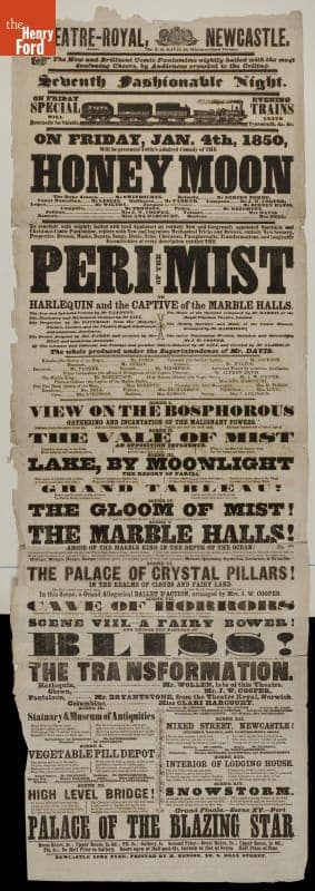 Broadside from the Theatre Royal of Newcastle, England, Announces the Running of Special Railway Trains for Patrons, 1850