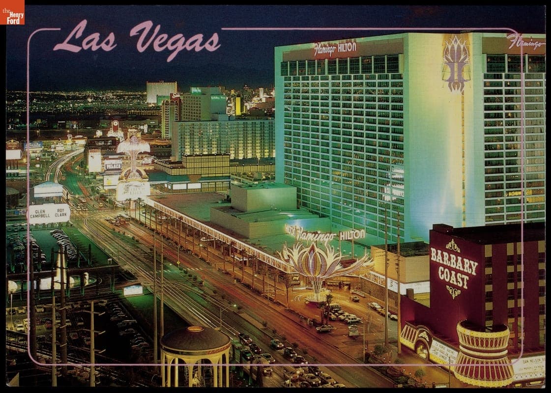 Postcard, Night Scene of the Flamingo Hilton and the Strip, Las Vegas, Nevada, circa 1988