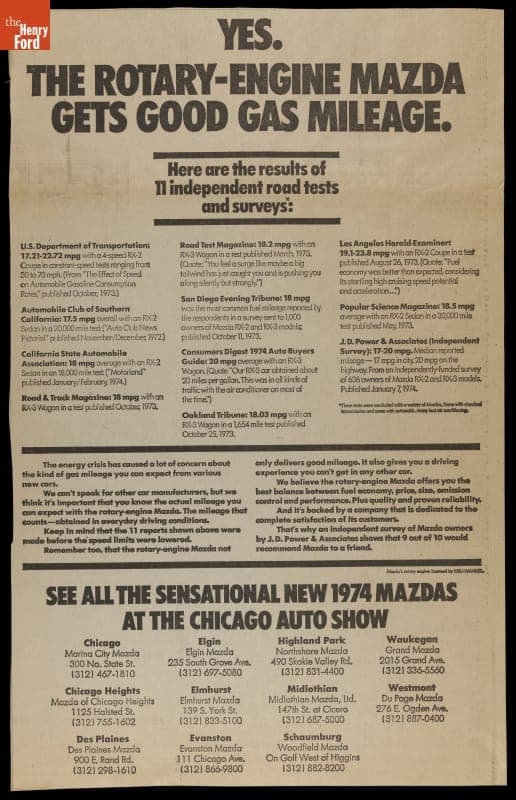 1974 Mazda Ad, "Yes. The Rotary-Engine Mazda Gets Good Gas Mileage"
