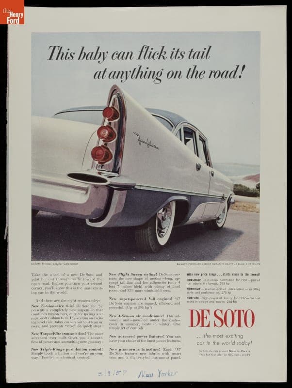 1957 DeSoto Advertisement, "This Baby Can Flick its Tail at Anything on the Road!"