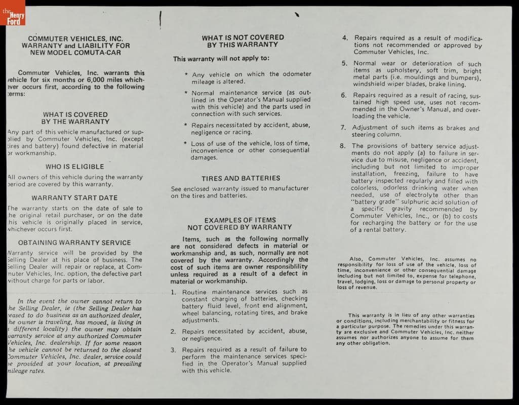 Comuta-Car Warranty, 1982