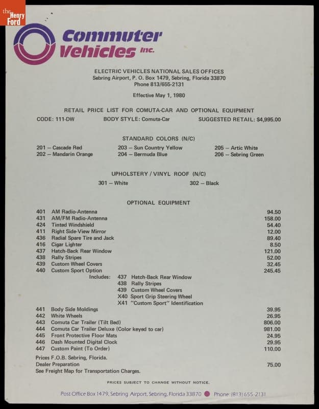 "1980 Retail Price List for Comuta-Car and Optional Equipment"