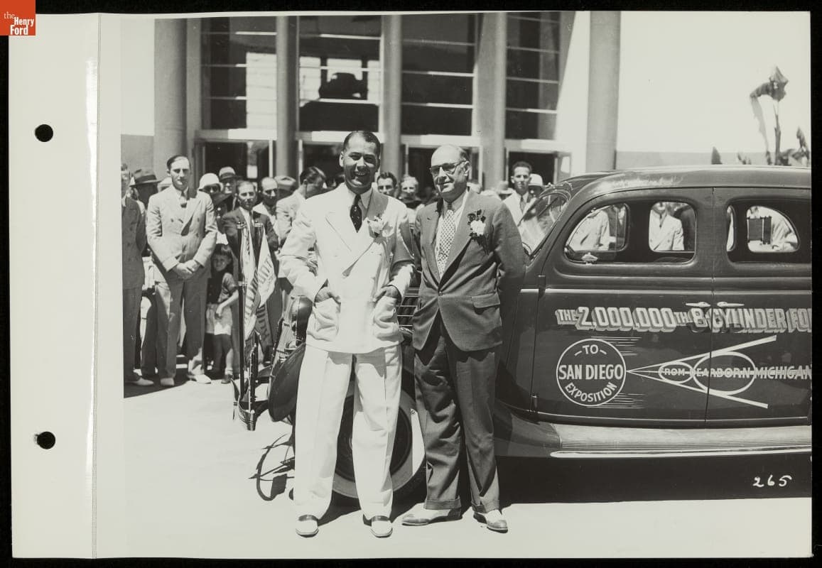 Two-Millionth Ford V-8 Driver Jimmy Rooney and Official Elwood Bailey, California Pacific International Exposition, San Diego, 1935