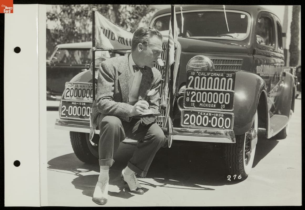 James Cagney with Two-Millionth Ford V-8, Courtyard of Ford Building, California Pacific International Exposition, San Diego, 1935