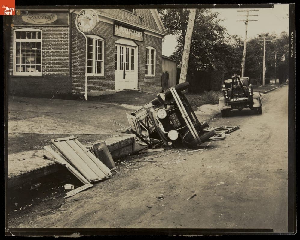 Overturned Vehicle on Curb with Tow-Truck, Southampton, New York, 1932