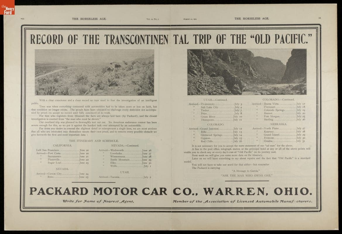 Packard Motor Car Co. Advertisement, "Record of the Transcontinental Trip of the Old Pacific," 1903