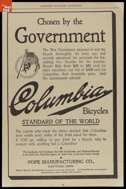 Columbia Bicycle Advertisement, "Chosen by the Government," 1896