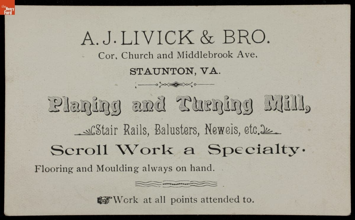 Trade Card for A. J. Livick & Bro., Planing and Turning Mill, 1870-1900